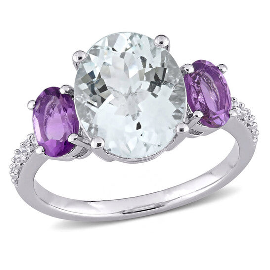 Original Amour 3 4/5 CT TGW Ice Aquamarine, Amethyst and 1/10 CT TW Diamond 3-Stone Ring in Sterling Silver