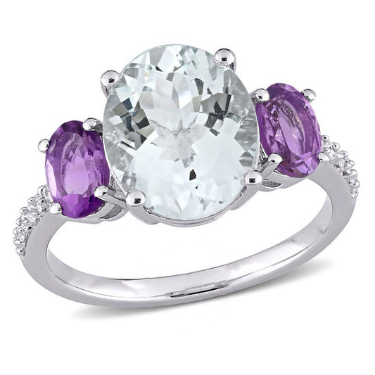 Original Amour 3 4/5 CT TGW Ice Aquamarine, Amethyst and 1/10 CT TW Diamond 3-Stone Ring in Sterling Silver