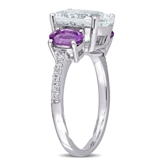 Original Amour 3 4/5 CT TGW Ice Aquamarine, Amethyst and 1/10 CT TW Diamond 3-Stone Ring in Sterling Silver