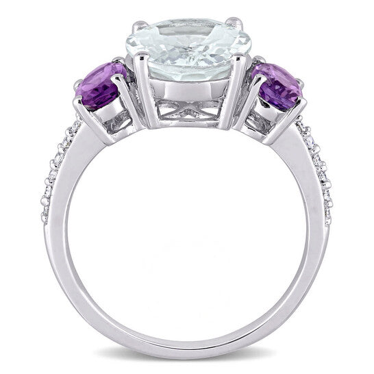 Original Amour 3 4/5 CT TGW Ice Aquamarine, Amethyst and 1/10 CT TW Diamond 3-Stone Ring in Sterling Silver