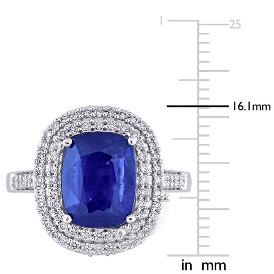 Original Amour 3 7/8 CT TGW Cushion Blue Sapphire and 1 CT TDW Diamond Halo Cocktail Ring in 14k White Gold