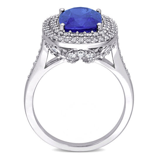 Original Amour 3 7/8 CT TGW Cushion Blue Sapphire and 1 CT TDW Diamond Halo Cocktail Ring in 14k White Gold