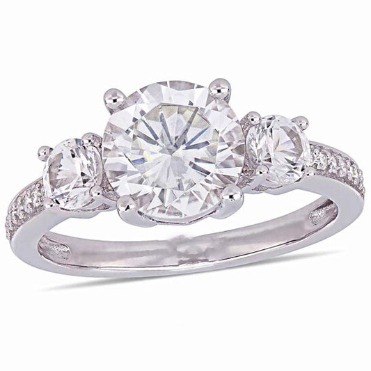 Original Amour 3 CT TGW Created White Sapphire and Diamond Three Stone Ring in 10k White Gold JMS005000