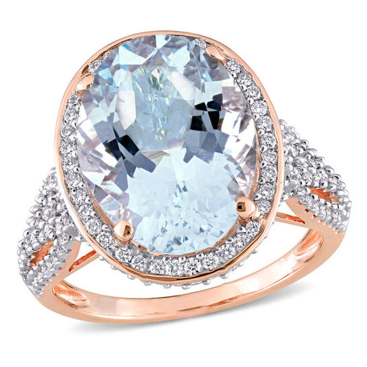 Original Amour 30 3/4 CT TGW Aquamarine and 7/8 CT TW Diamond Cocktail Halo Split Shank Ring in 14k Rose Gold