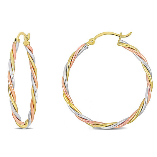 Original AMOUR Twisted Hoop Earrings In 3-Tone 10K White Yellow and Rose Gold