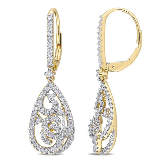 Original AMOUR 3/4 CT TDW Diamond Open Design Teardrop Leverback Earrings In 14K Yellow Gold