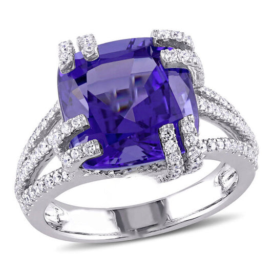 Original Amour 3/4 CT TW Diamond and 7 1/6 CT TGW Tanzanite Cocktail Split Shank Ring in 14k White Gold