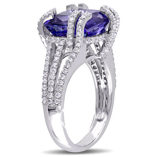 Original Amour 3/4 CT TW Diamond and 7 1/6 CT TGW Tanzanite Cocktail Split Shank Ring in 14k White Gold