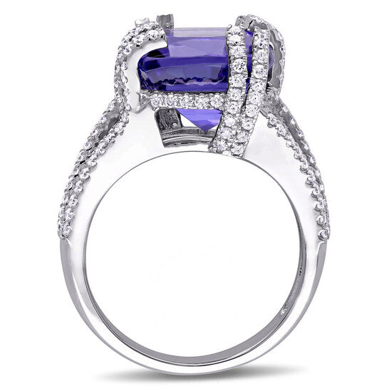 Original Amour 3/4 CT TW Diamond and 7 1/6 CT TGW Tanzanite Cocktail Split Shank Ring in 14k White Gold