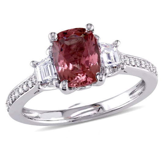 Original Amour 3/4 CT TW Trapezoid and Round Diamond and Pink Tourmaline 3-stone Engagement Ring in 14k White Gold