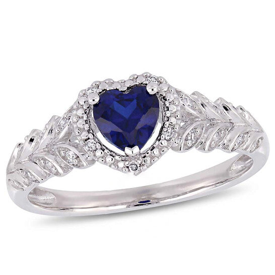 Original Amour 3/5 CT TGW Created Blue Sapphire and Diamond Halo Heart Ring in 10k White Gold JMS005026