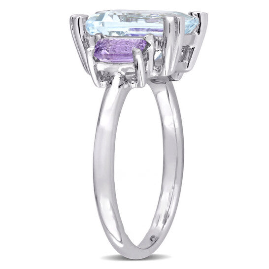 Original Amour 3.68 CT TGW Ice Aquamarine and Rose de France 3-Stone Ring in Sterling Silver