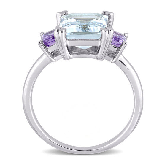 Original Amour 3.68 CT TGW Ice Aquamarine and Rose de France 3-Stone Ring in Sterling Silver