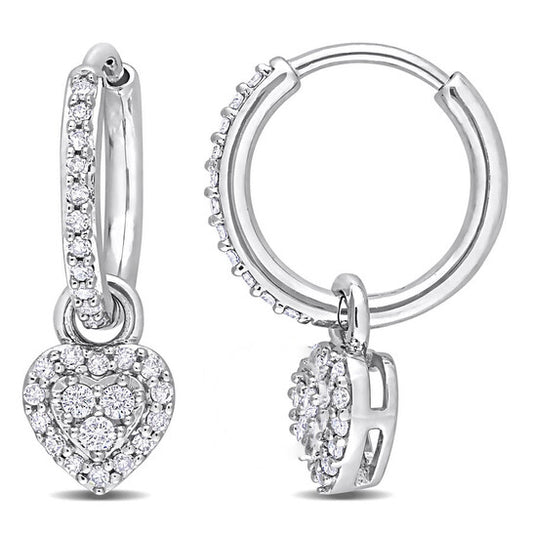 Original AMOUR 3/8 CT TDW Diamond Halo Heart Huggie Earrings In 10K White Gold