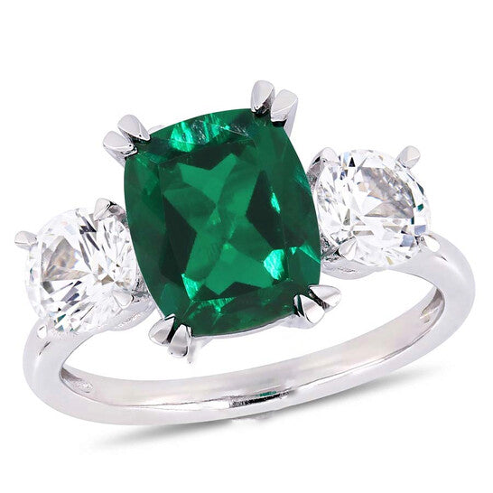 Original Amour 4 CT TGW Cushion-Cut Created Emerald and Created White Sapphire Three-Stone Ring in 10k White Gold JMS005046