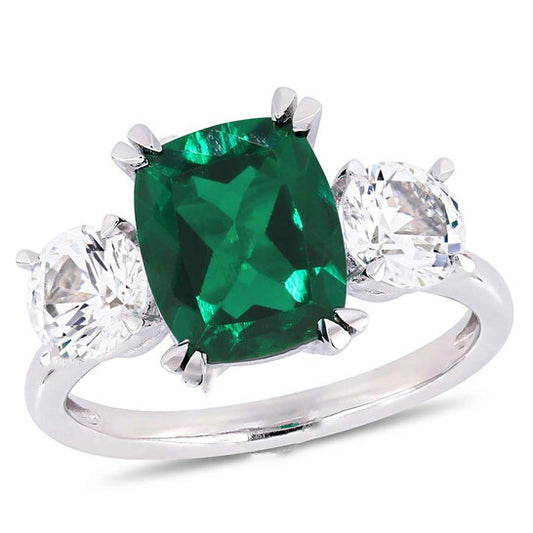 Original Amour 4 CT TGW Cushion-Cut Created Emerald and Created White Sapphire Three-Stone Ring in 10k White Gold JMS005046