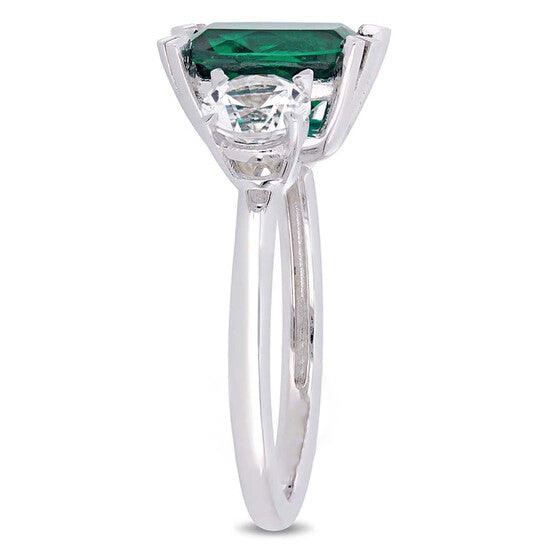 Original Amour 4 CT TGW Cushion-Cut Created Emerald and Created White Sapphire Three-Stone Ring in 10k White Gold JMS005046