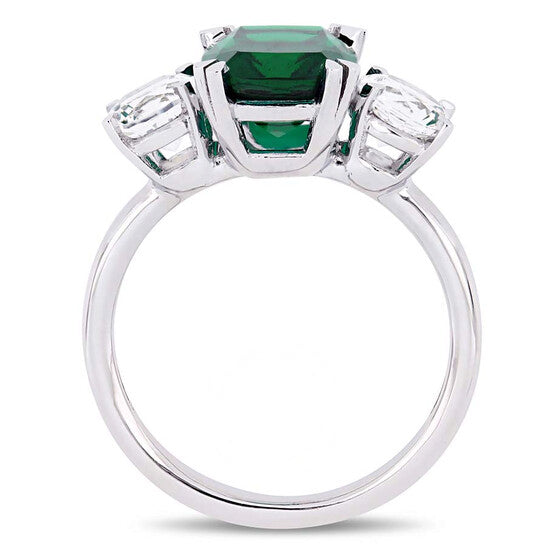 Original Amour 4 CT TGW Cushion-Cut Created Emerald and Created White Sapphire Three-Stone Ring in 10k White Gold JMS005046