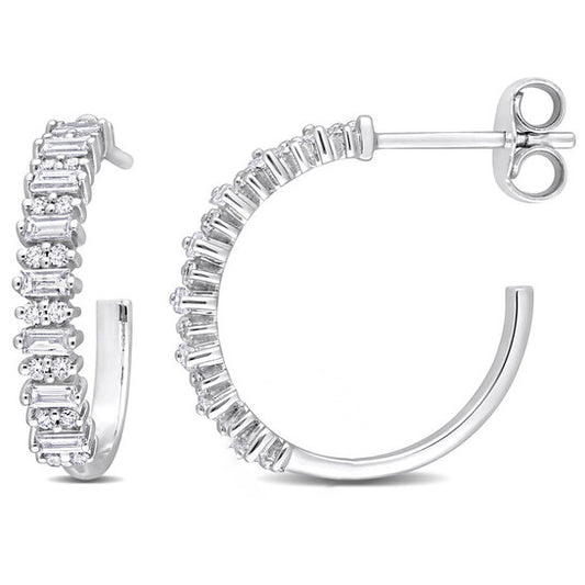 Original AMOUR 5/8 CT TDW Parallel Baguette-cut and Diamond Open Hoop Earrings In 14K White Gold 3.4mm