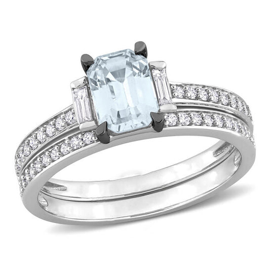 Original Amour 4/5 CT TGW Blue Sapphire and 3/8 CT TW Baguette and Round Diamonds Bridal Ring Set in 14K White Gold