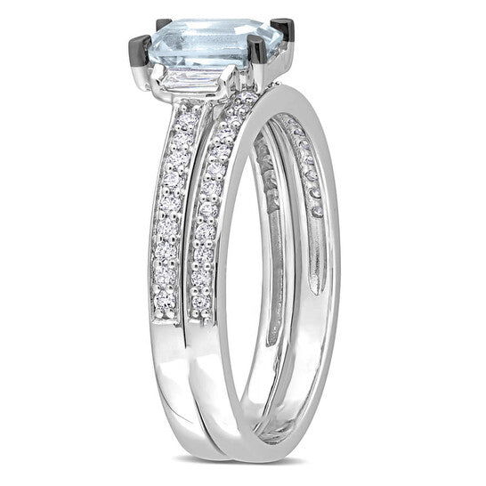 Original Amour 4/5 CT TGW Blue Sapphire and 3/8 CT TW Baguette and Round Diamonds Bridal Ring Set in 14K White Gold