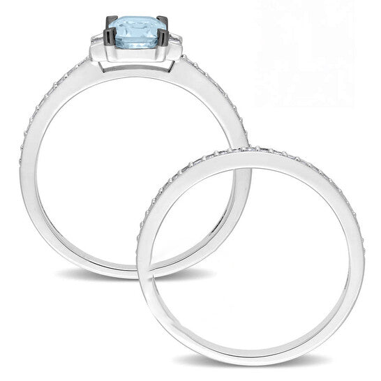 Original Amour 4/5 CT TGW Blue Sapphire and 3/8 CT TW Baguette and Round Diamonds Bridal Ring Set in 14K White Gold