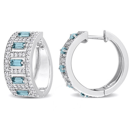 Original AMOUR 3 1/3CT TGW Baguette London Blue Topaz and White Topaz Huggie Hoop Earrings In Sterling Silver