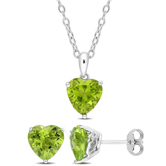 Original Amour 5 CT TGW Heart-Shape Peridot 2-Piece Solitaire Pendant with Chain and Stud Earrings Set in Sterling Silver