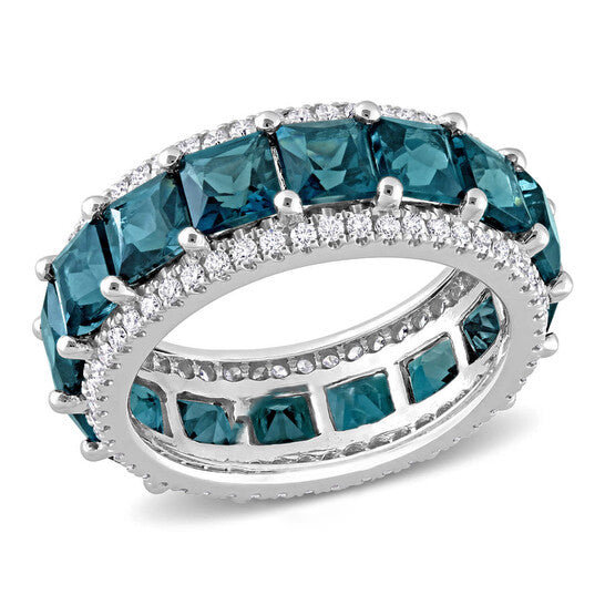 Original Amour 6 3/4 CT TGW London Blue Topaz and 5/8 CT TW Diamond Square Eternity Ring in 14k White Gold