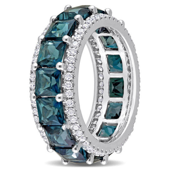 Original Amour 6 3/4 CT TGW London Blue Topaz and 5/8 CT TW Diamond Square Eternity Ring in 14k White Gold