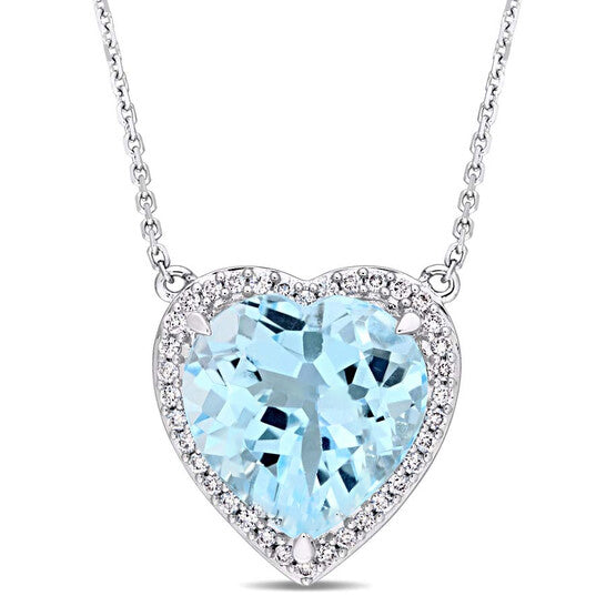 Original AMOUR 6 4/5 CT TGW Heart Shaped Blue Topaz and 1/5 CT TW Diamond Halo Pendant with Chain In 14K White Gold