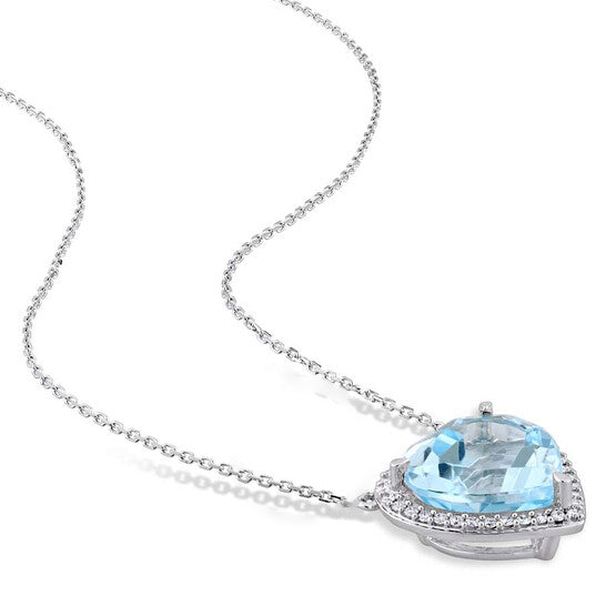 Original AMOUR 6 4/5 CT TGW Heart Shaped Blue Topaz and 1/5 CT TW Diamond Halo Pendant with Chain In 14K White Gold