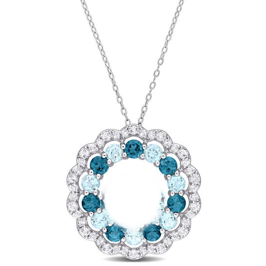 Original AMOUR 6 CT TGW London Blue, Sky Blue and White Topaz Open Circle Pendant with Chain In Sterling Silver