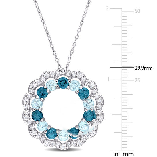 Original AMOUR 6 CT TGW London Blue, Sky Blue and White Topaz Open Circle Pendant with Chain In Sterling Silver