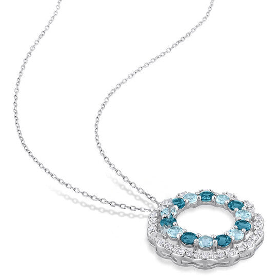 Original AMOUR 6 CT TGW London Blue, Sky Blue and White Topaz Open Circle Pendant with Chain In Sterling Silver