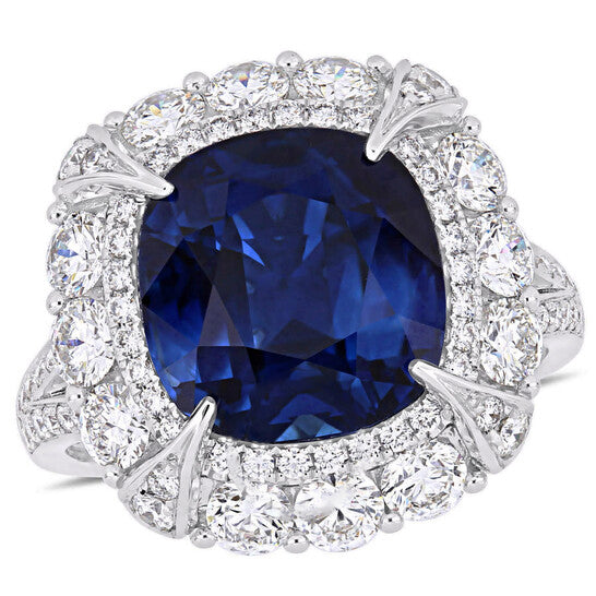 Original Amour 7 1/10 CT TGW Cushion-Cut Sapphire & 1 3/4 CT TW Diamond Halo Cocktail Ring in 14k White Gold