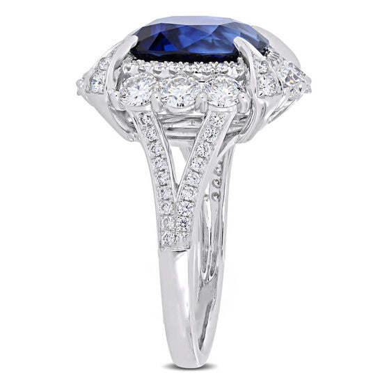 Original Amour 7 1/10 CT TGW Cushion-Cut Sapphire & 1 3/4 CT TW Diamond Halo Cocktail Ring in 14k White Gold