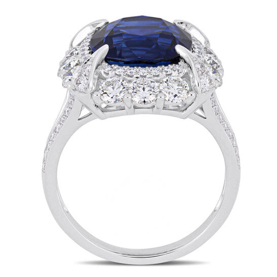 Original Amour 7 1/10 CT TGW Cushion-Cut Sapphire & 1 3/4 CT TW Diamond Halo Cocktail Ring in 14k White Gold