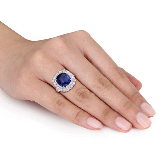 Original Amour 7 1/10 CT TGW Cushion-Cut Sapphire & 1 3/4 CT TW Diamond Halo Cocktail Ring in 14k White Gold