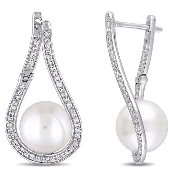 Original AMOUR 9 - 9.5 Mm Cultured Freshwater Pearl and 1/3 CT TW Diamond Tear Drop Earrings In 14K White Gold