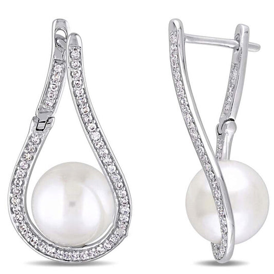 Original AMOUR 9 - 9.5 Mm Cultured Freshwater Pearl and 1/3 CT TW Diamond Tear Drop Earrings In 14K White Gold