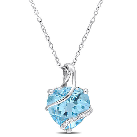 Original AMOUR 9 CT TGW Sky Blue Topaz and Diamond Accent Heart Wrapped Pendant with Chain In Sterling Silver