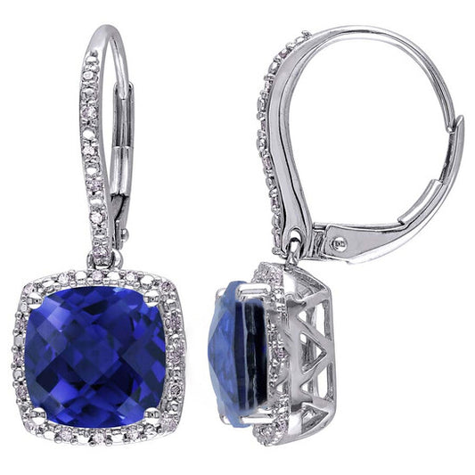 Original AMOUR 6 1/2 CT TGW Created Blue Sapphire and 1/5 CT TW Diamond Leverback Halo Earrings In Sterling Silver