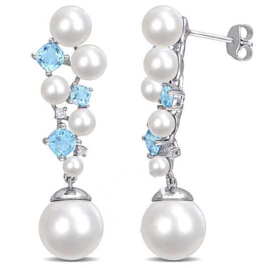 Original AMOUR Cultured Freshwater Pearl and Swiss Blue Topaz and Diamond Accent Cluster Drop Earrings In Sterling Silver