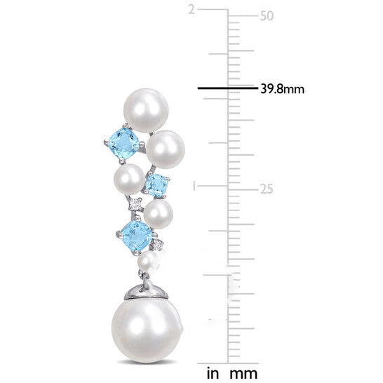 Original AMOUR Cultured Freshwater Pearl and Swiss Blue Topaz and Diamond Accent Cluster Drop Earrings In Sterling Silver