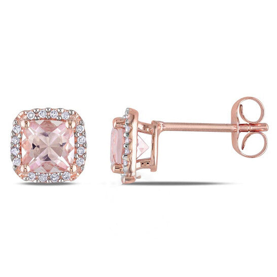 Original AMOUR Cushion Cut Morganite and 1/10 CT TW Diamond Halo Earrings In 10K Rose Gold