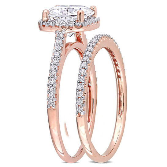 Original Amour Ladies 14k Rose Gold 2 Ct Cushion Cut White Moissanite And Diamond Wedding Set Ring