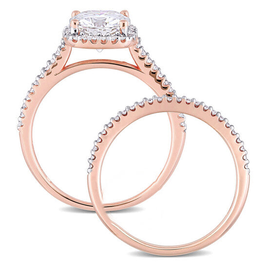 Original Amour Ladies 14k Rose Gold 2 Ct Cushion Cut White Moissanite And Diamond Wedding Set Ring