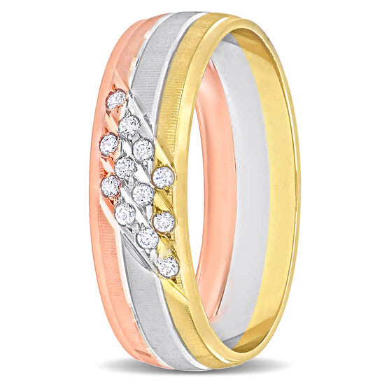 Original Amour Men's 6mm Cubic Zirconia Matte Three Row Wedding Band in 14k 3-Tone Rose, Yellow, and White Gold