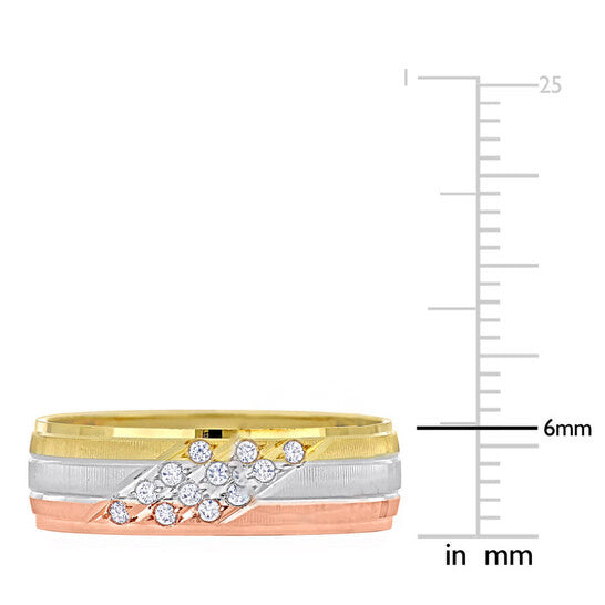 Original Amour Men's 6mm Cubic Zirconia Matte Three Row Wedding Band in 14k 3-Tone Rose, Yellow, and White Gold